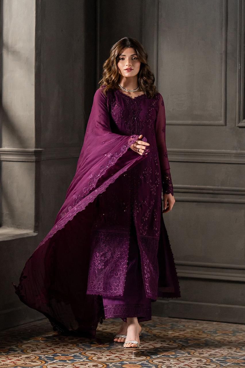 3 Piece Stitched Embroidery Chiffon Dress - Ready To Wear