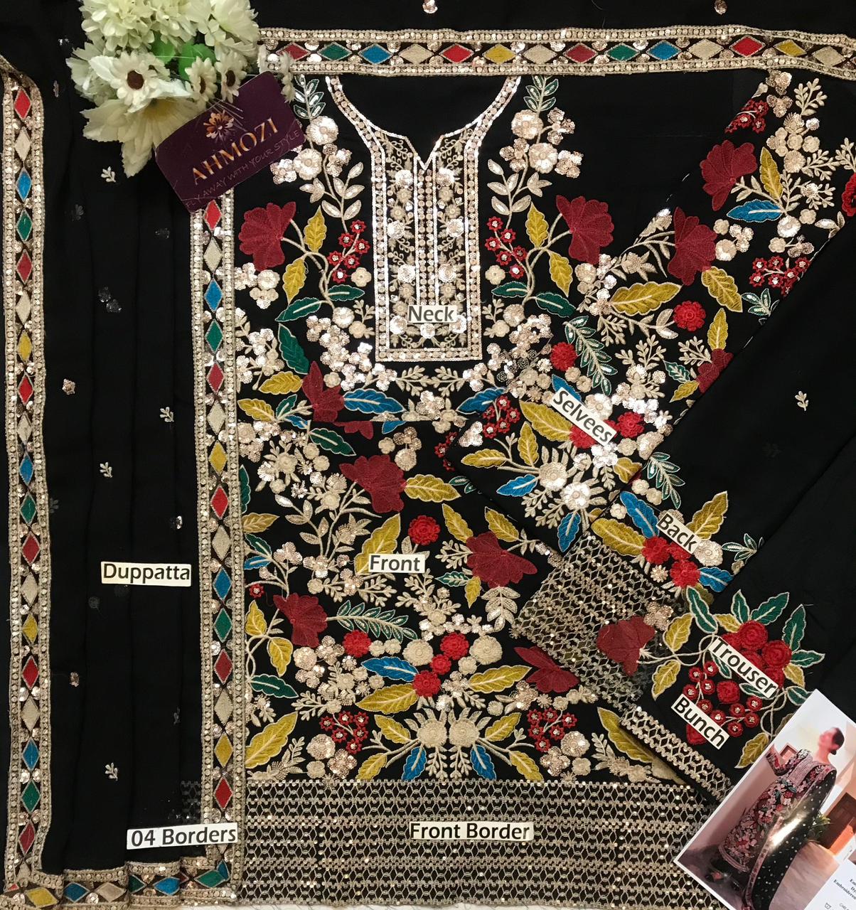 3 Piece Embroidery Chiffon Stitched Suit - Ready To Wear