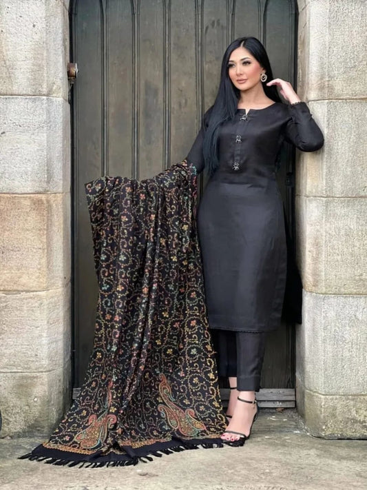 3 Piece Stitched Pashmina Dress With Embroidery Shawl - Ready To Wear