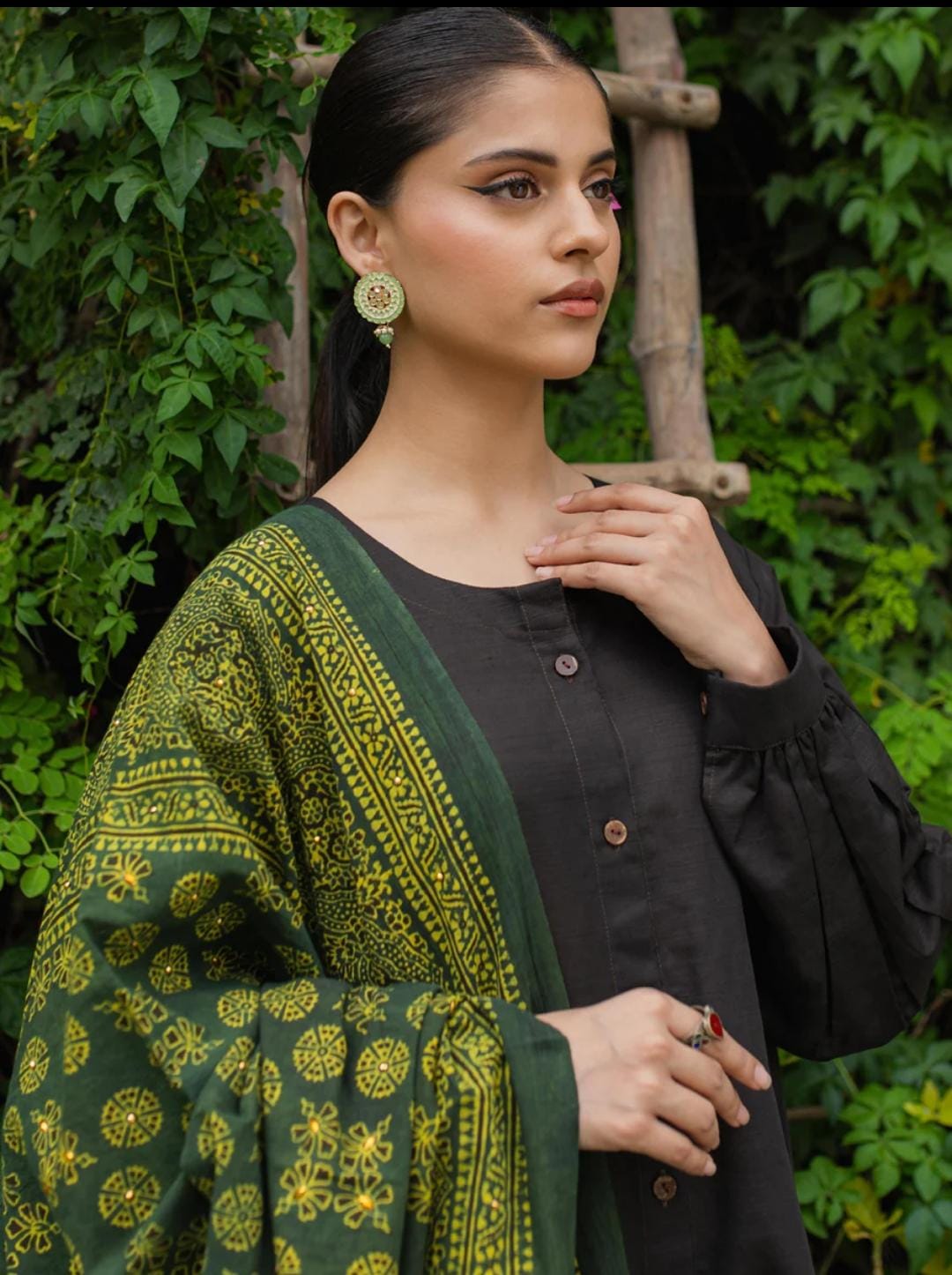 Green Ajrak With Dress - Ready To Wear