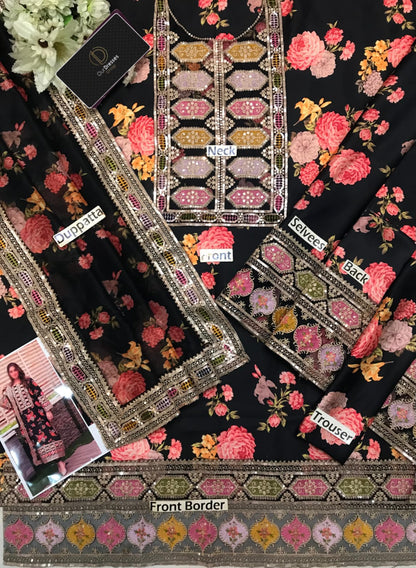 3 Piece Stitched Embroidery Silk Suit - Ready To Wear