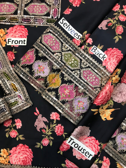 3 Piece Stitched Embroidery Silk Suit - Ready To Wear