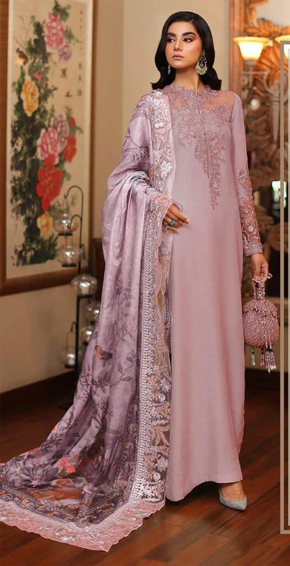 3 Piece Stitched Embroidery Silk Suit - Ready To Wear