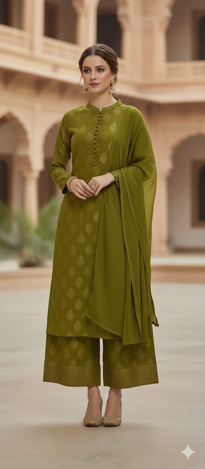 3 Piece Stitched Jaquard Dress - Ready To Wear