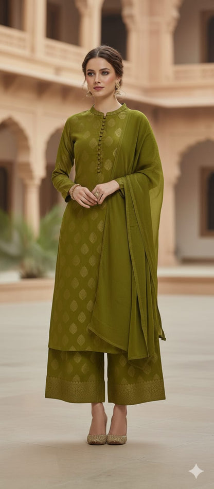 3 Piece Stitched Jaquard Dress - Ready To Wear