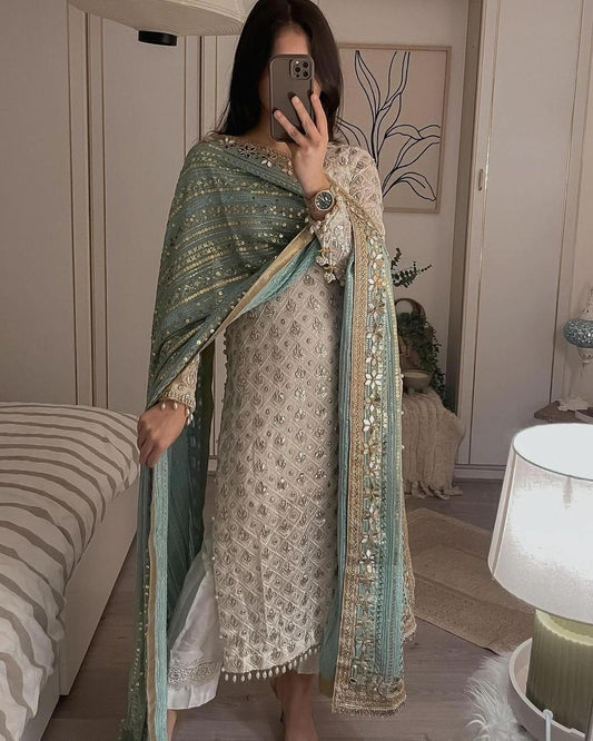 Pure Chiffon Fabric Top & Dupatta Set With Pant