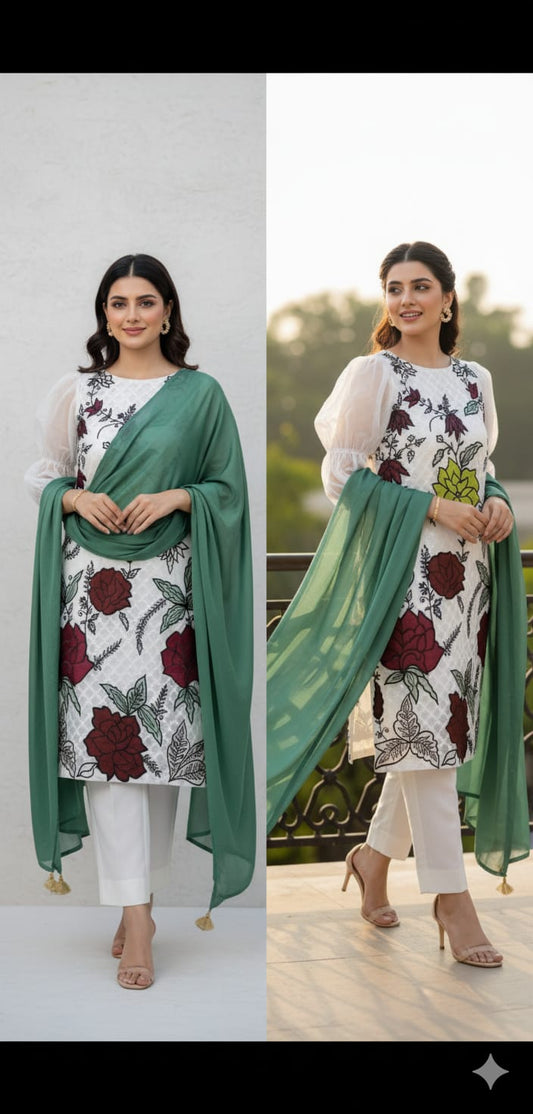 3 Piece Stitched Chiffon Dress - Ready To Wear