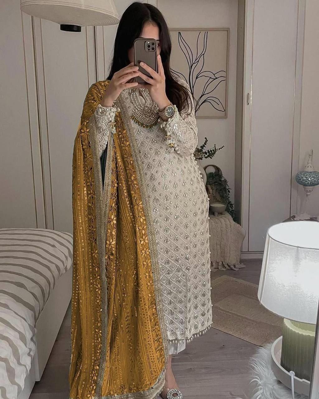 Pure Chiffon Fabric Top & Dupatta Set With Pant