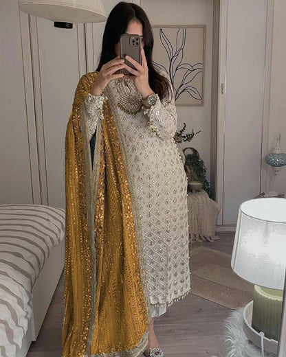 Pure Chiffon Fabric Top & Dupatta Set With Pant