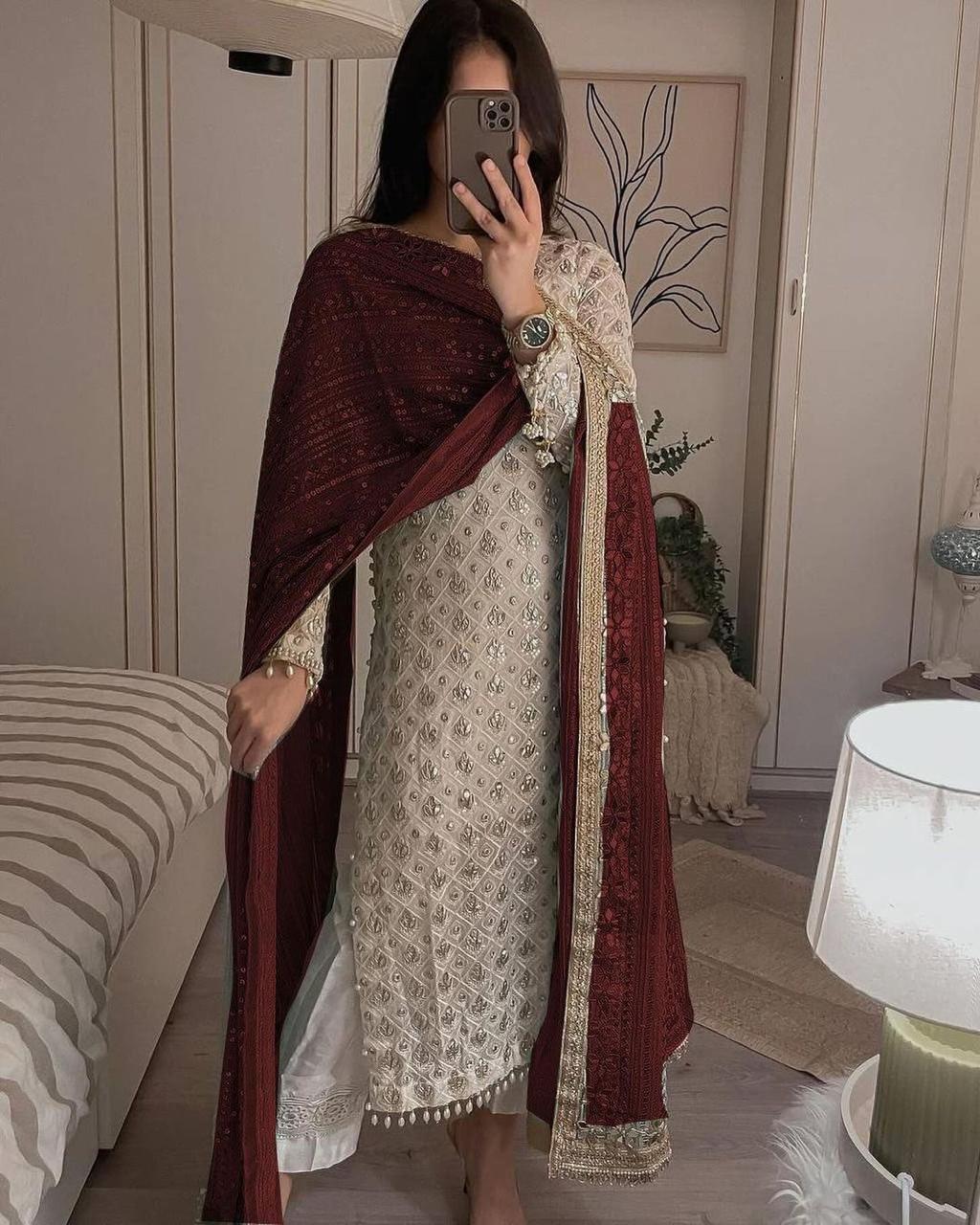 Pure Chiffon Fabric Top & Dupatta Set With Pant