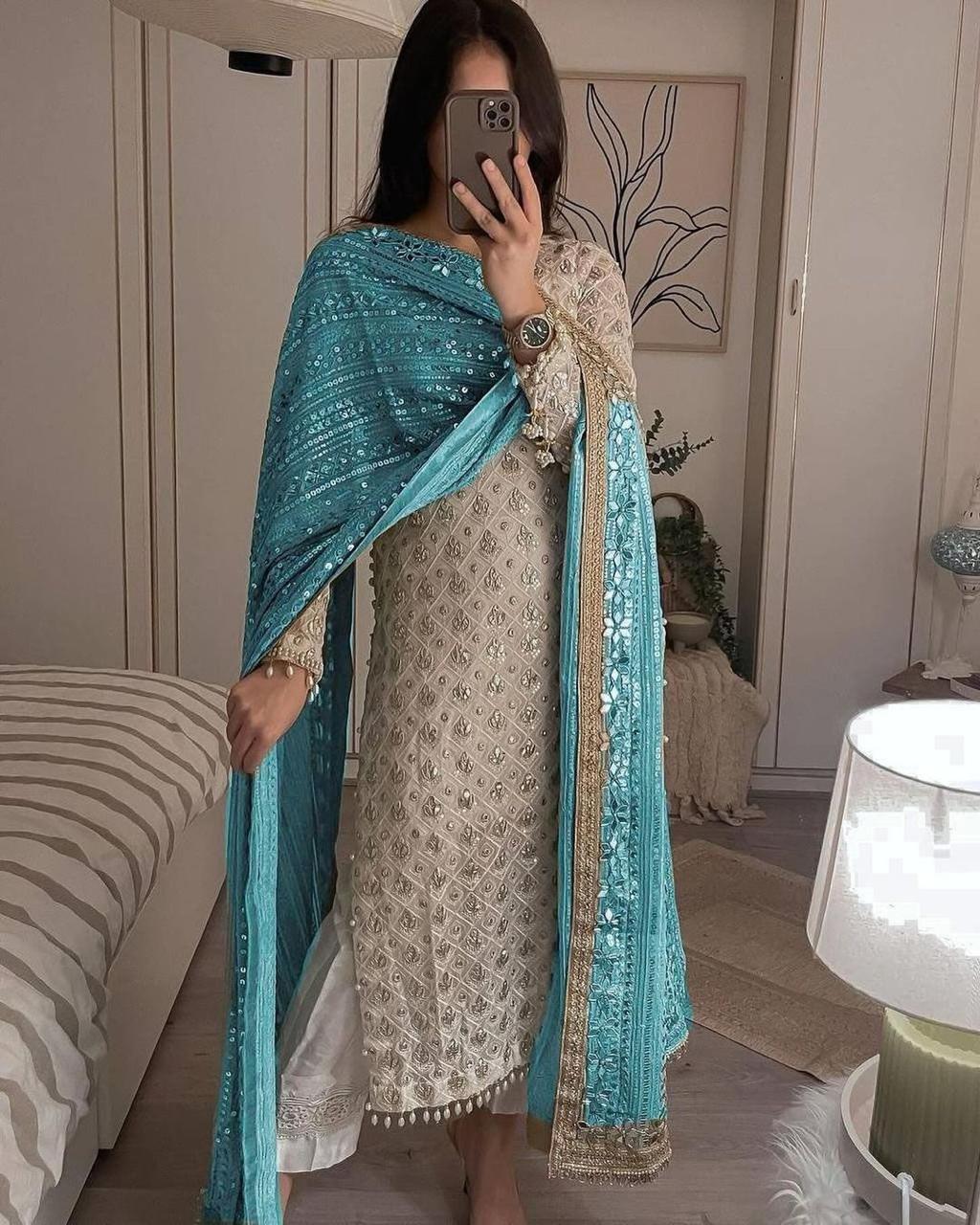 Pure Chiffon Fabric Top & Dupatta Set With Pant