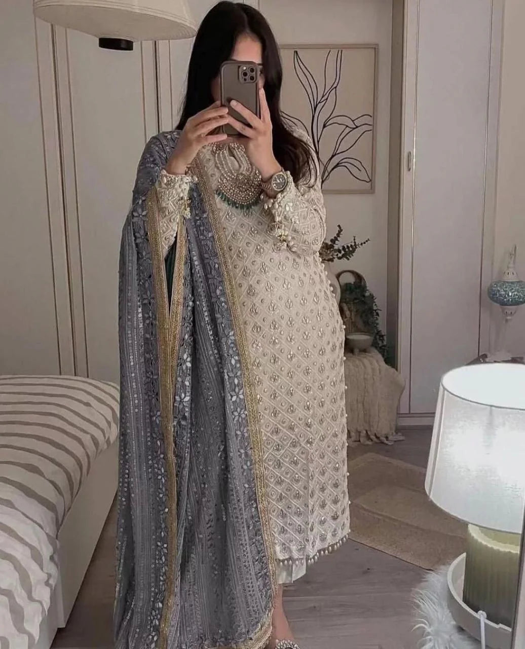 Pure Chiffon Fabric Top & Dupatta Set With Pant