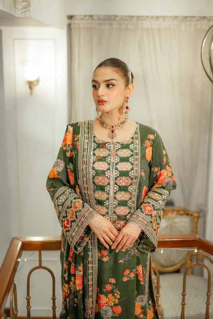 3 Piece Stitched Embroidery Silk Suit - Ready To Wear